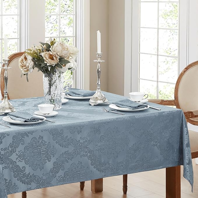 Newbridge Barcelona Damask Fabric Tablecloth, 52 x 52 Inch Square, Blue – No Iron, Soil Resistant Table Cover for Dining, Parties and Holidays