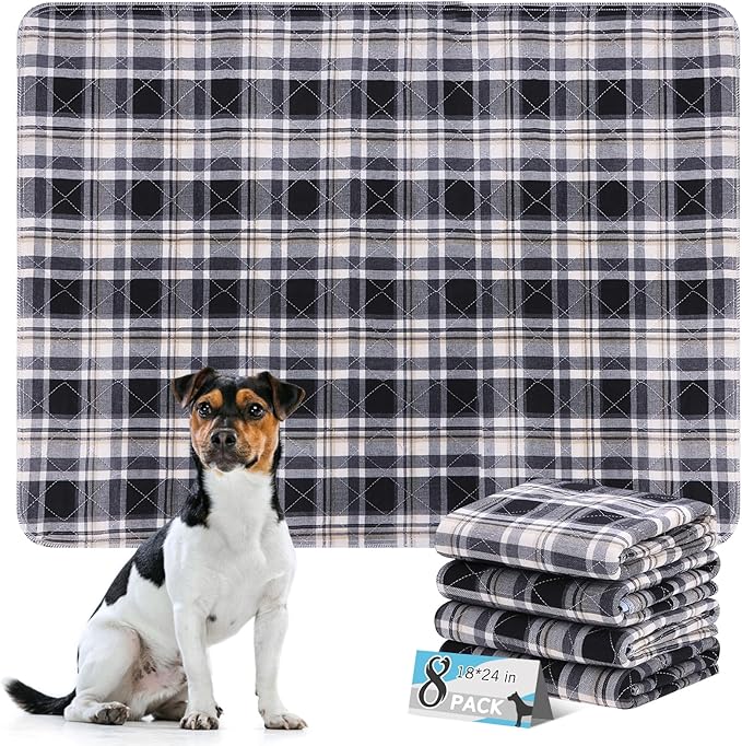 ESGPET Washable Pee Pads for Dogs - 18”x24” 8PCS, Whelping Pad for Puppy Training, Playpen Crate Bed Floor Protector, Reusable Dog Potty Pads Non-Slip, Super Absorbent & Odor Controlling, Black Plaid