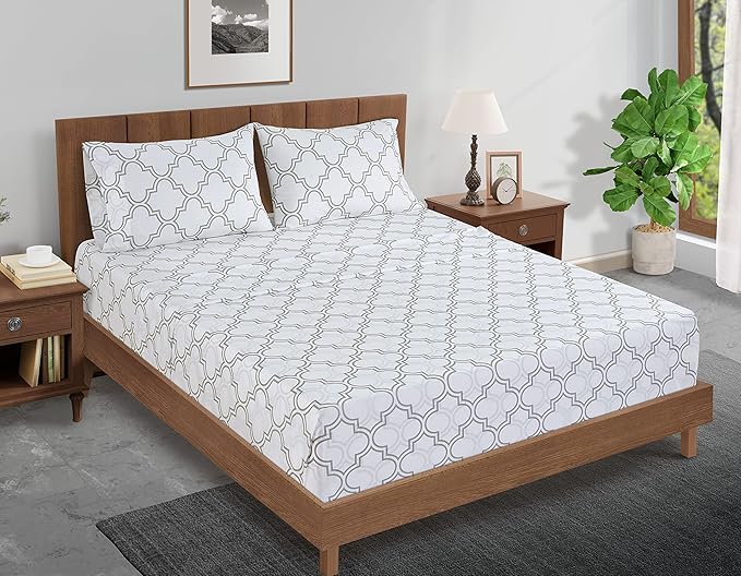LANE LINEN King Fitted Sheet, 100% Organic Cotton, 3-Piece Set (1 Fitted Sheet,2 Pillowcases), Percale Weave, Ultra Soft, Breathable,Fits Mattress Upto 15" Deep - Trellis (No Flat Sheet)