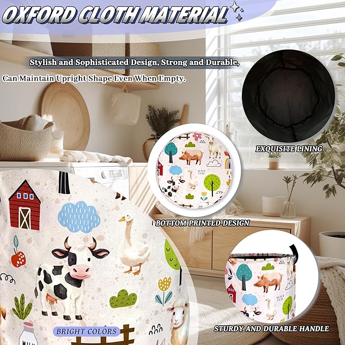 Cute Animals Laundry Basket Oxford Cloth Animal Dogs Cows Chicken Laundry Hamper With Handle Portable Clothes Storage Basket Foldable Funny Laundry Bag 18.9"x16.5" For Laundry Room/Bedroom/Bathrooms
