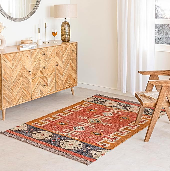 Jute Traditional Kilim Rug Boho Flatweave Area Rug for Living Room, Living Room Entryway, Tribal Series, 3'x5'