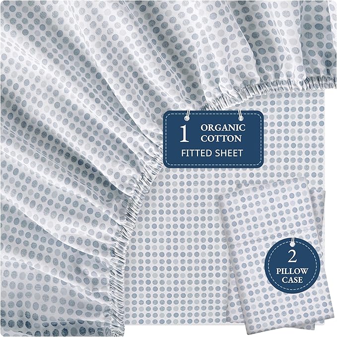 LANE LINEN Full Size Fitted Sheet, 100% Organic Cotton, 3Pc Set (1 Fitted Sheet,2 Pillowcases), Percale Weave, Bottom Sheet, Breathable, Fits Mattress Upto 15" Deep - - Polka Dot(No Flat Sheet)