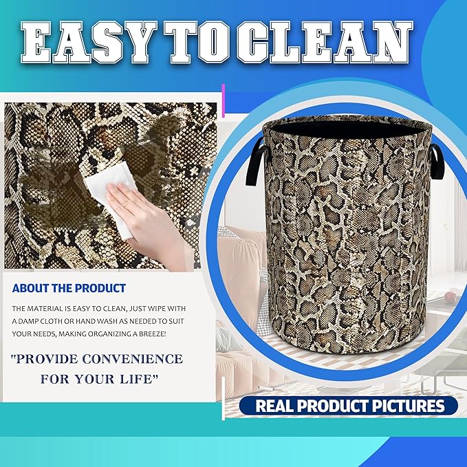 Faux Snakeskin Pattern Laundry Basket Oxford Cloth Python Laundry Hamper With Handle Foldable Portable Clothes Storage Basket 18.9 X 16.5 In Storage Bag For Laundry Room/Bathroom/Bedroom/Dormitories