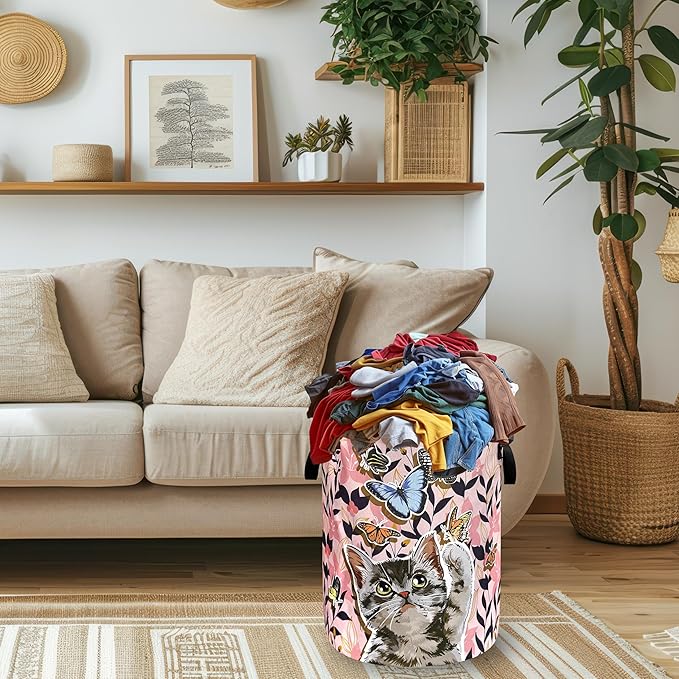 Pink Floral Cats Laundry Hamper Oxford Cloth Butterfly Animal Cat Laundry Basket With Handle Portable Clothes Storage Basket Foldable Funny Laundry Bag 18.9"x16.5" For Laundry Room/Bedroom/Bathrooms