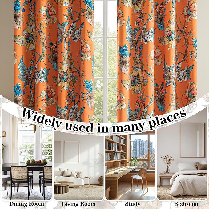 MYSKY HOME 95% Blackout Floral Curtains 63 Inches Long 2 Panels Set for Bedroom Thermal Insulated Light Blocking Curtain Printed Flower Vintage Style Grommet Top Drapes for Girls Room, 52" W, Orange
