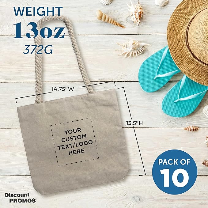 DISCOUNT PROMOS Custom Pristine Cove Canvas Tote with Rope Handles (Set of 10), Personalized Bulk Pack - Beach, Travel, Eco-Friendly - Natural Color, 14.75"X13.5", 12 OZ Cotton, with Zipper