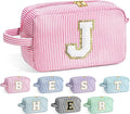 YOOLIFE Initial Makeup Bag for Women - Monogram Cute Makeup Bags Cosmetic Case Toiletry Pouch for Women Her Best Friend Sister Teacher, Personalized Birthday Gifts for Women, Pink J