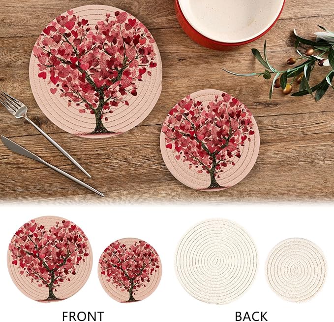 Valentine Tree Hearts Trivet Mat 2PCS Love Leaf Round Woven Potholders Kitchen Table Countertop Protector Hot Pads Farmho