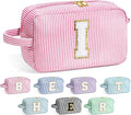 YOOLIFE Initial Cosmetic Bag for Women - Monogram Cute Makeup Bag Cosmetic Case Toiletry Pouch for Women Her Best Friend Sister Teacher, Personalized Birthday Gifts for Women, Pink I