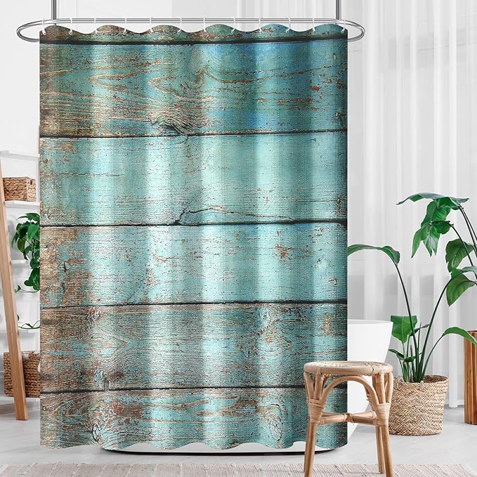 Culudea Turquoise Wooden Shower Curtain Set, Teal Green Blue Bathroom Window Waterproof Shower Curtain Set for Bathroom Decor