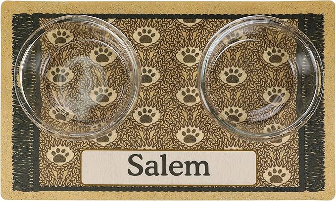 Drymate Personalized Pet Bowl Placemat, Custom Dog & Cat Food Feeding Mat - Absorbent Fabric, Waterproof Backing - Machine Washable/Durable (USA Made) (12" x 20") (Brown Paw Braid)