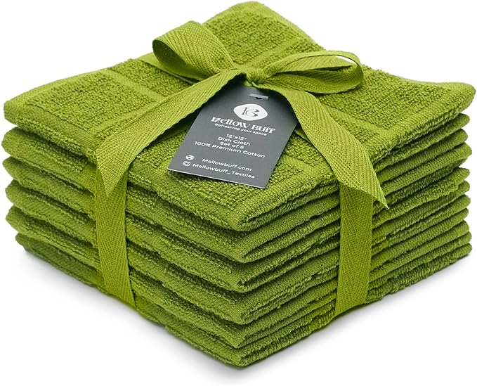 Mellow Buff 100% Cotton Terry Dish Cloth & Dish Towel, 6 Pack, Super Soft and Absorbent Kitchen Towels, Perfect for Kitchen Cleaning and Dish Washing (Green 6 Pack)