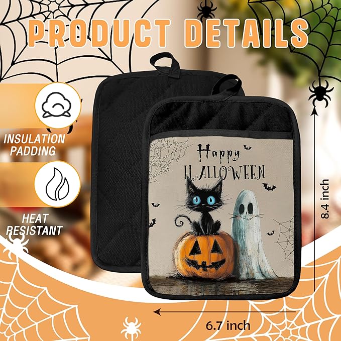 Halloween Black Cat Ghost Pot Holders with Pockets, Vintage Funny Black Cat Pumpkin Halloween Oven Pot Holders Heat Resistant Oven Mitts Hot Pads for Kitchen Baking Cooking