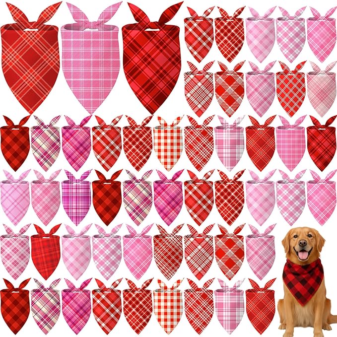 Abbylike 50 Pcs Valentines Day Plaid Dog Bandanas Bulk Pink Red Bandanas for Dogs Triangle Kerchief Bibs Scarf for Pet Romantic Costume Photo Props Accessories Pet Shops Groomers (31.5 x 21.7 x 21.7)