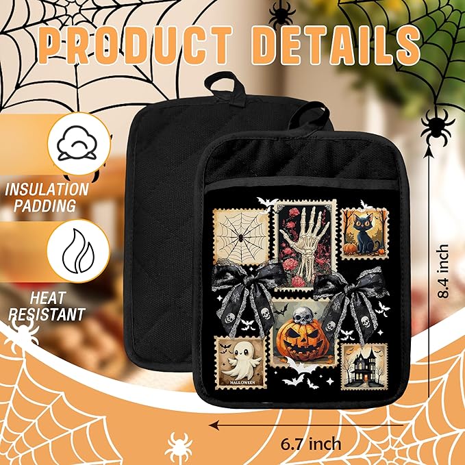 Dark Coquette Bow Halloween Pot Holders with Pockets, Spooky Skeleton Black Cat Pumpkin Ghost Halloween Oven Pot Holders Heat Resistant Oven Mitts Hot Pads for Kitchen Baking Cooking