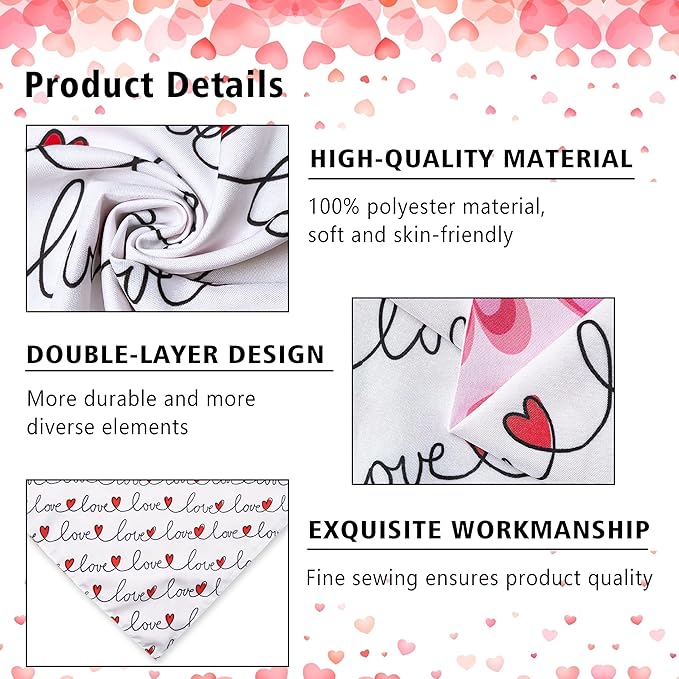 Valentine's Day Dog Bandana Reversible 2 Pack Small, Valentine Day Pet Bandanas for Dogs Love Heart Adjustable Triangle Holiday Scarves for Small Medium Boy Girl Dogs