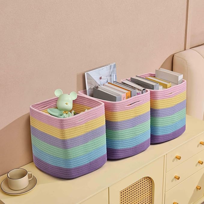 Gocjuaza 3 Pack Storage Cubes 11 Inch Cotton Rope Woven Baskets for Organizing Cube Bin Square Shelves Organizer,Classroom,Kids Toy Bins,Closet,Baby Nursery(Light Rainbow)