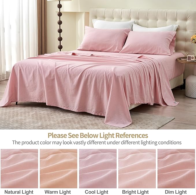 Simple&Opulence Belgian Linen Sheet Set Solid Color - 4 Pieces (1 Flat Sheet & 1 Fitted Sheet & 2 Pillowcases) Natural Flax Cotton Blend Soft Bedding Breathable Farmhouse - Pale Pink, Full Size