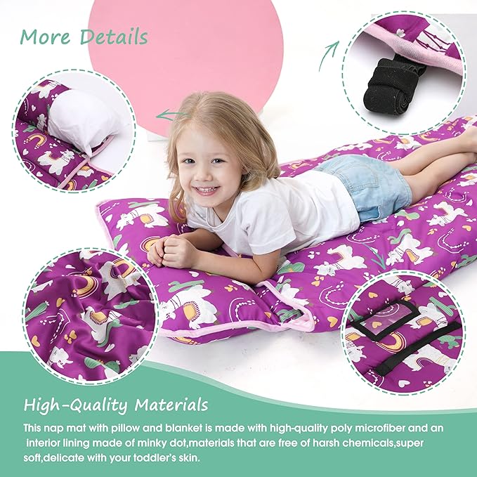 ACRABROS Toddler Nap Mat with Pillow and Blanket, Extra Large Rolled Napping Mats,Slumber Bags for Boys Girls,Kids Sleeping Bag for Daycare, Preschool Travel Camping,Lama
