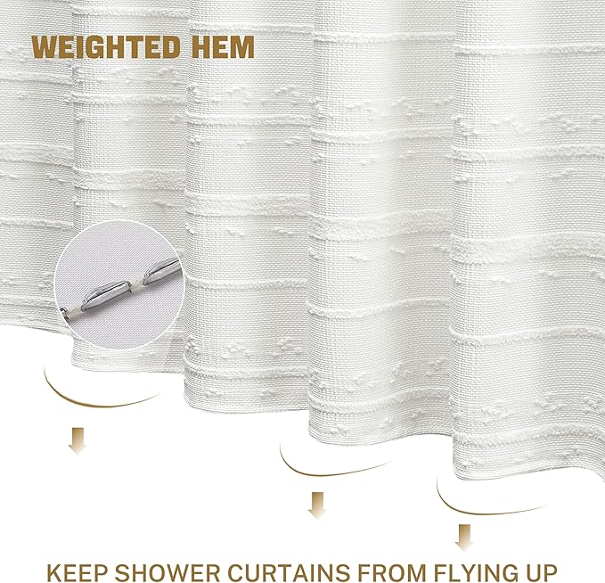 Lameirose Farmhouse White Shower Curtain Boho, 72 x 72 Cotton Blend Tufted Weave Waffle Stripe Textured Heavy Duty, Fabric Shower Curtain for Bathroom, Hotel