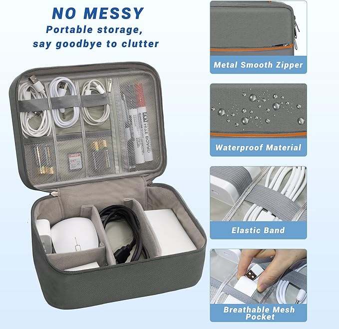 Miavers Electronics Organizer,Travel Cord Organizer Pouch, Portable Cable Organizer Bags, Waterproof Electronic Accessories Storage Case for Cables, Cords, Charger, Phone (Double Layer-Gray)