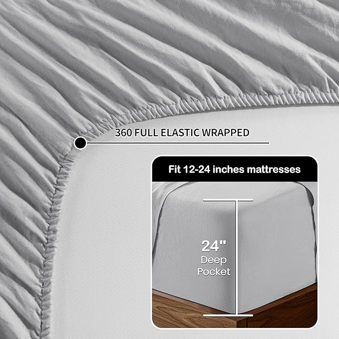 LBRO2M 100% Linen Sheet Set 24" Deep Pocket Full Size,Bed Sheets 4 Piece Sets,Solid Color Natural Flax Bed Sheets Soft Breathable Bedding, All Season (Full, Grey)