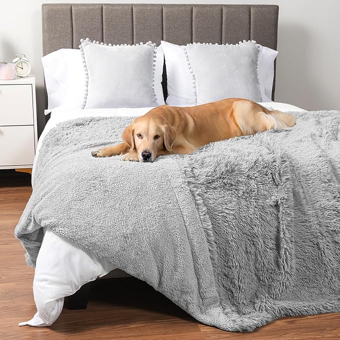 PetAmi Waterproof Dog Blanket for Large Dog, Queen Size Calming Pet Blanket Couch Cover Protector, Sherpa Faux Fur Cat Throw for Sofa Furniture Bed, Soft Fluffy XL, 90x90 Light Gray