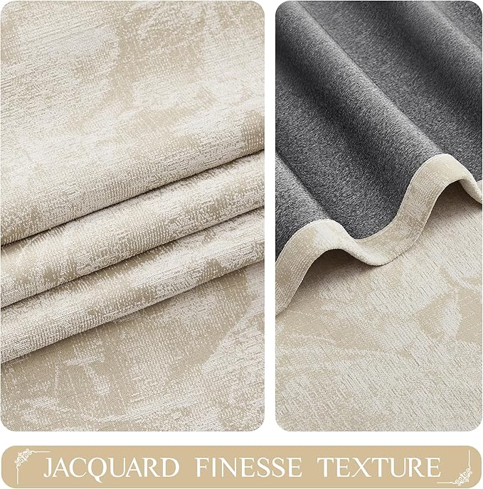 Beauoop Beige Floral Jacquard Blackout Curtains 108 Inches Long 2 Panels for Bedroom Living Room Taupe Flower Chenille Room Darkening Thermal Soundproof Grommet Window Treatments Drapes 52x108