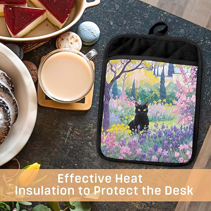 Black Cat Floral Garden Pot Holders with Pockets, Cottagecore Kitchen Decor, Fantasy Wildflower Botanical Oven Pot Holders Heat Resistant Oven Mitts Hot Pads for Kitchen Baking Cooking