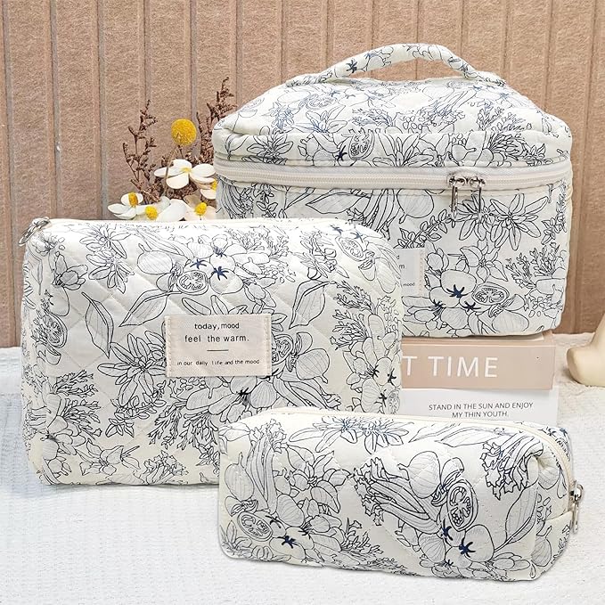 Cozomga Quilted Makeup Bag, Large Capacity Travel Cosmetic Bag for Women and Girls, Aesthetic Storage for Daily and Travel Use (3pcs-BlackFloral)