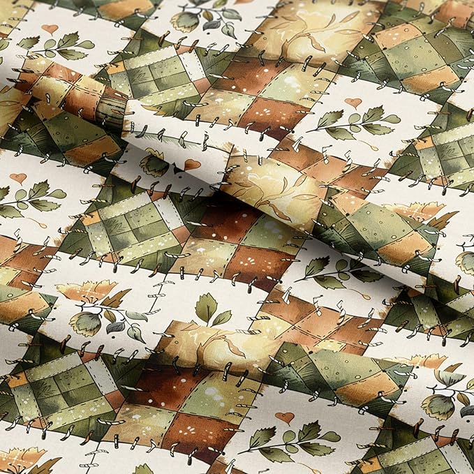Olive Meadow Patchwork Cotton Fabric – Green & Earth Tone Botanical Patchwork Print Cotton 140 GSM, Panel 61 × 36.6 Inches, Pre-Cut Sewing Fabric Panel for Quilting, Crafts & Home Decor (USA Size)