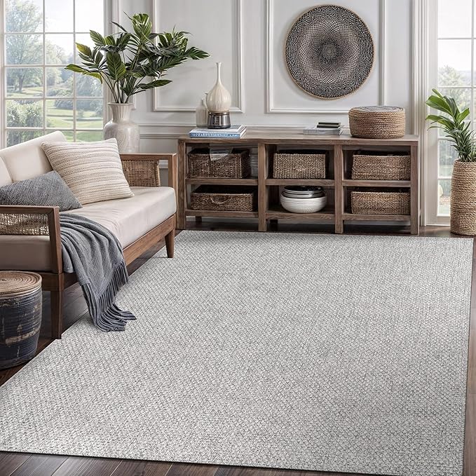 CAMILSON Easy Jute Rug 5x7 Indoor Outdoor Gray Farmhouse Area Rugs for Living Room and Kitchen Rug, Solid Boho Woven Design Easy-Cleaning Washable Outside Carpet Alfombras (5 x 7)