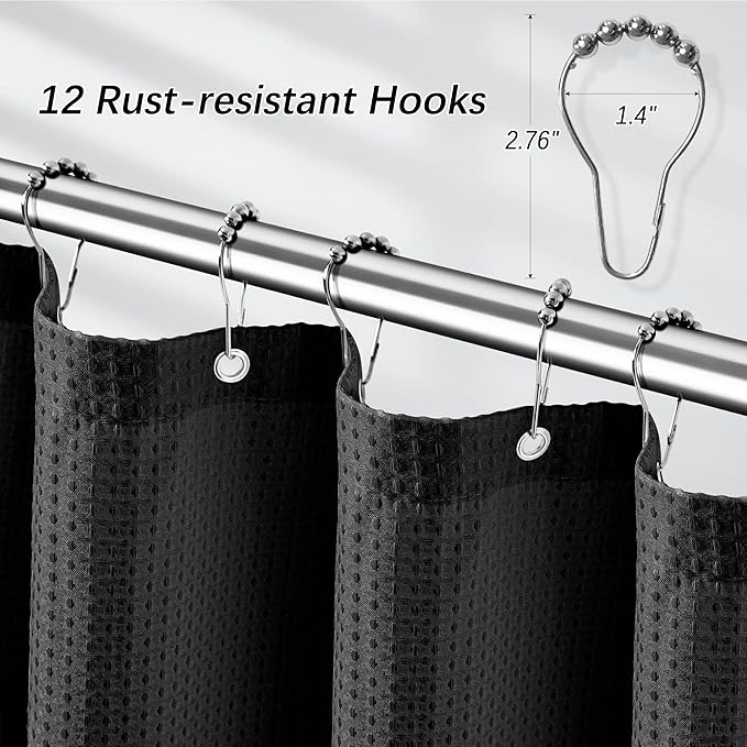 PANGSINNE Shower Curtain Black Waffle Textured, 256GSM Heavy Duty Weighted Fabric Shower Curtains, Hotel Quality Luxury Polyester Water Repellent Bathroom Curtain with 12 Hooks, 72Wx78H