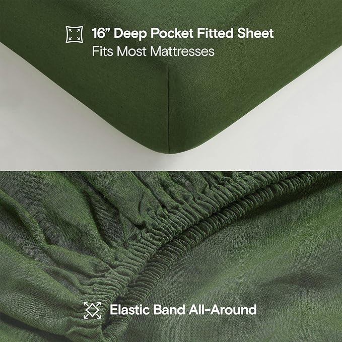 Sijo Stone Washed Organic French Linen Bed Sheet Set, GOTS Certified Organic, Best Cooling Linen Sheet Award by Sleep Foundation, 3 Piece - 2 Pillowcases and 1 Fitted Sheet (Forest, Cal King)