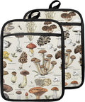 Mushroom Pot Holders with Pockets, Vintage Cottagecore Mushroom Oven Pot Holders Heat Resistant Oven Mitts Hot Pads for Kitchen Baking Cooking
