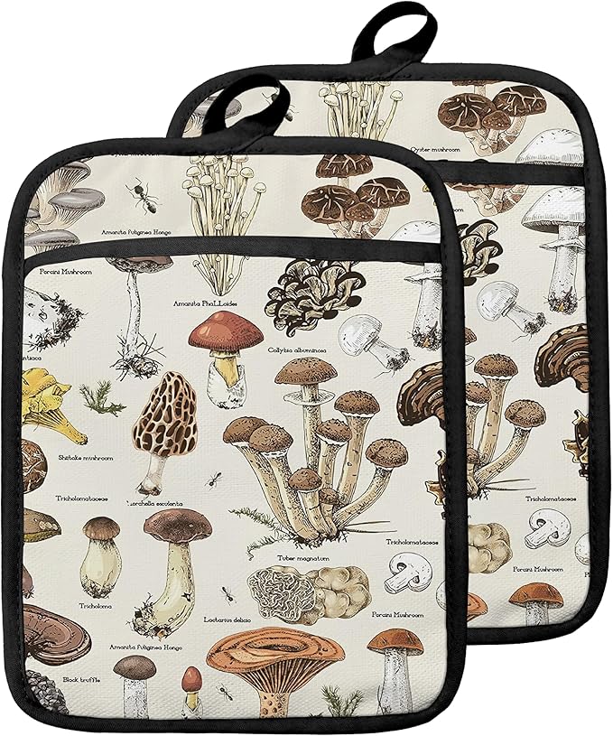 Mushroom Pot Holders with Pockets, Vintage Cottagecore Mushroom Oven Pot Holders Heat Resistant Oven Mitts Hot Pads for Kitchen Baking Cooking