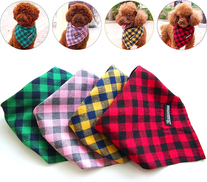 Adjustable Plaid Dog Bandanas,1PC Soft Washable Cotton Triangle Bib Kerchief Scarfs for Small Medium Large Dogs and Cats (Square Yellow, Small)
