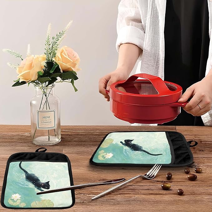 Black Cat Swimming in Waterlilies Pot Holders with Pockets, Cat Kitchen Decor, Whimsical Funny Black Kitten Oven Pot Holders Heat Resistant Oven Mitts Hot Pads for Kitchen Baking Cooking
