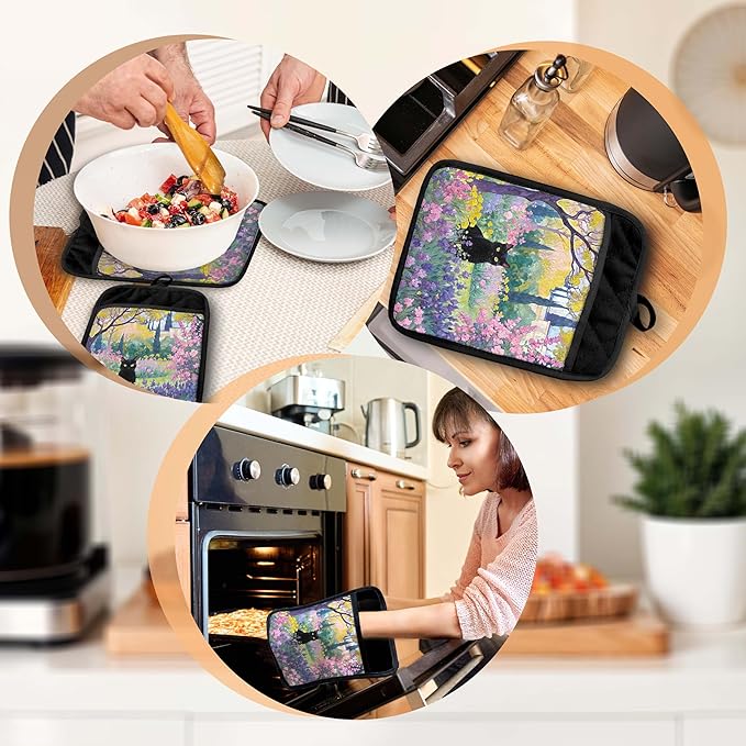 Black Cat Floral Garden Pot Holders with Pockets, Cottagecore Kitchen Decor, Fantasy Wildflower Botanical Oven Pot Holders Heat Resistant Oven Mitts Hot Pads for Kitchen Baking Cooking