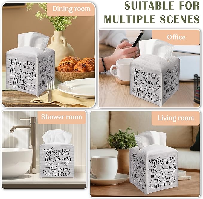 Christian Decorative Tissue Box Cover Square, Wood Pattern Leather Tissue Box Holder, Religious Gift Ideas for Family, Bless The Food Before Us, Bathroom Office Decor-(5.2 Inches)