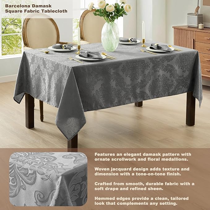 Newbridge Barcelona Damask Fabric Tablecloth, 52 x 52 Inch Square, Grey – No Iron, Soil Resistant Table Cover for Dining, Parties and Holidays