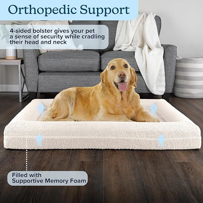 PETMAKER Orthopedic Pet Bed - 45in Large Dog Bed with Supportive Bolster, Nonslip Bottom, and Removable Washable Cover - Memory Foam Pet Beds for Large Dogs - Dog Products (Cream)