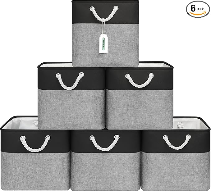 ECDYQXVU 13x13 Inch Cube Storage Bins with Reinforced Bottom Cardboard, 6 Pack Large Foldable Fabric Storage Cubes with Handles for Shelf, Closet, Laundry Organization (Black&Gray)
