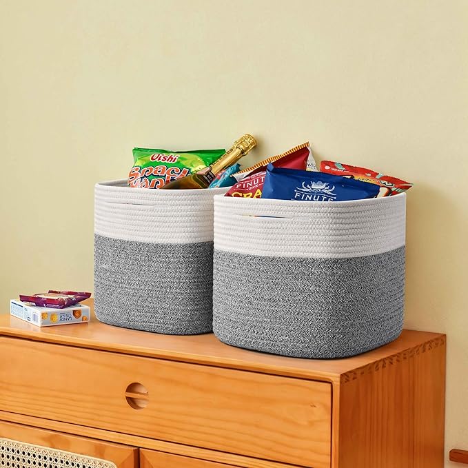 Gocjuaza 3 Pack Storage Cubes 11 Inch Cotton Rope Woven Baskets for Organizing Cube Bin Square Shelves Organizer,Classroom,Kids Toy Bins,Closet,Baby Nursery(Grey)