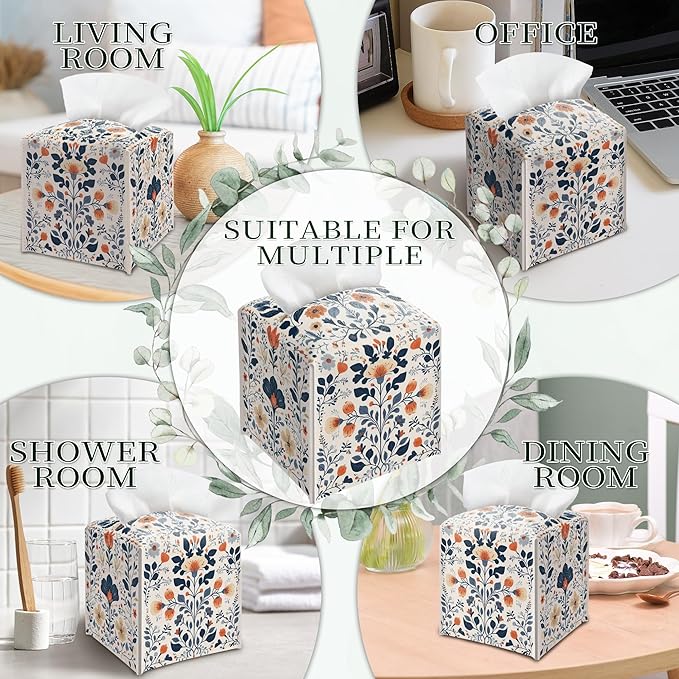 Floral Tissue Box Holder, Scandinavian Leather Tissue Box Cover Square, Paper Napkins Everyday Dispenser for Bathroom Vanity Countertop Night Stands Kitchen Office Car Home Decor
