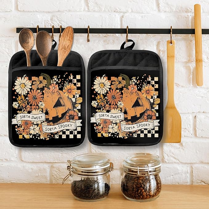 Halloween Pumpkin Floral Pot Holders with Pockets, Retro Checkered Rustic Fall Halloween Oven Pot Holders Heat Resistant Oven Mitts Hot Pads for Kitchen Baking Cooking