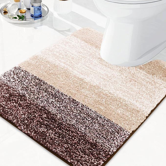 Arotive Microfiber Bathroom Rugs, Shaggy Soft and Absorbent Contour Toilet Rugs, Non-Slip, Thick Plush Machine Washable Dry Bath Mats for Toilet Base, 24x24, Brown, U-Shape