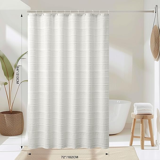Lameirose Extra Long Farmhouse White Shower Curtain Boho, 72 x 84 Cotton Blend Tufted Weave Waffle Stripe Textured Heavy Duty, Fabric Shower Curtain for Bathroom, Hotel