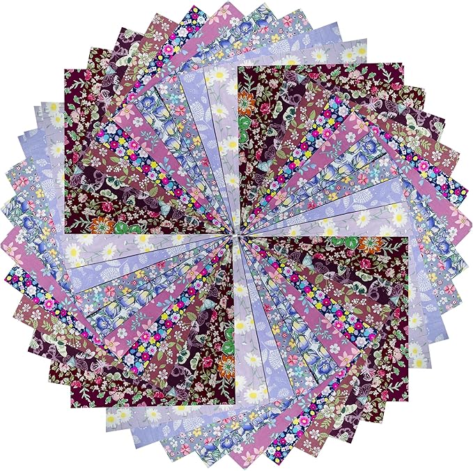HANPATQUI 50PCS 8 x 8 inch Purple Printed 100% Cotton Fat Quarters Fabric for Sewing and Quilting Bundles Precut Fabric Square for DIY Craft Patchwork