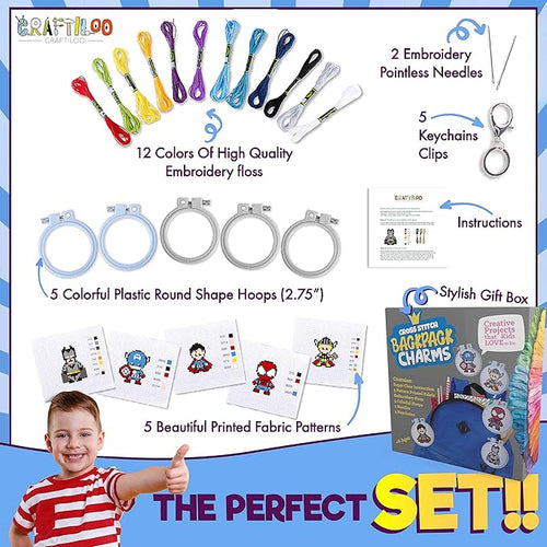 5 Stamped Superhero Cross Stitch Beginner Projects for Kids Needlepoint Starter kit Sewing Set for Backpack Charms…